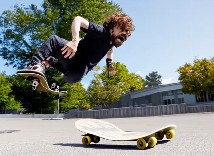 Image similar to dslr photo still of peter dinklage on a skateboard flying through the air, 4 k, 1 2 0 mm f 1 6