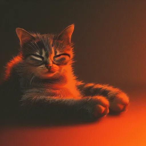 Image similar to little cat sleeping in a cyberpunk world, hyper realistic, realistic, neon