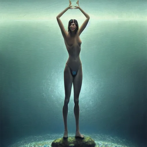 Prompt: minimalistic, hyperrealistic surrealism, award winning masterpiece with incredible details, epic stunning, infinity pool, an astronaut alone inside an empty dark flooded ballroom overgrown with aquatic plants, highly detailed, trending on ArtStation, artgerm and greg rutkowski and alphonse mucha, daily deviation, IAMAG