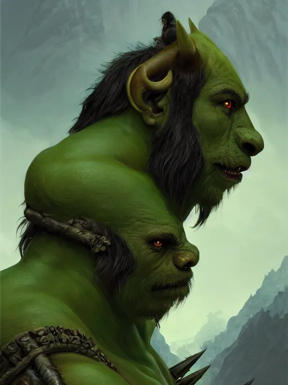 Prompt: portrait of a green mountain orc, looking at camera, d & d, savage warrior, fur attire, aztec hair, large noses, intricate, fantasy, extremely detailed, digital painting, artstation, concept art, smooth, sharp focus, illustration, ambient lighting, art by artgerm and greg rutkowski and alphonse mucha and simon stalenhag