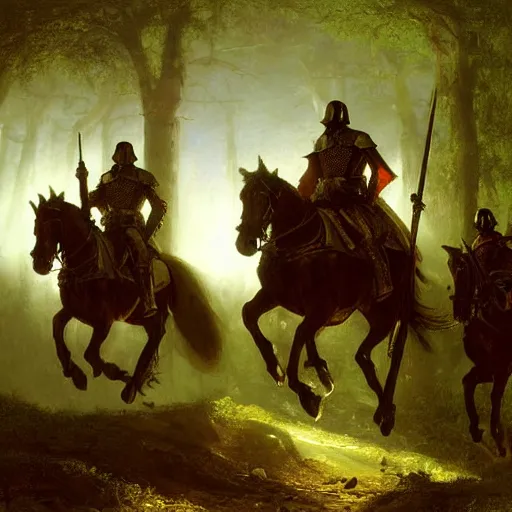 Image similar to a group of medieval european knights are riding in a column through a dark wood along a small stream, highly detailed, digital painting, sharp focus, by alber bierstadt greg rutkowski