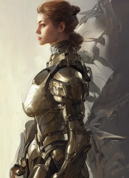 Image similar to a professional painting of a beautiful young female, clothed in military armor, olive skin, long dark hair, beautiful bone structure, symmetrical facial features, intricate, elegant, digital painting, concept art, smooth, sharp focus, illustration, from Metal Gear, by Ruan Jia and Mandy Jurgens and Artgerm and William-Adolphe Bouguerea