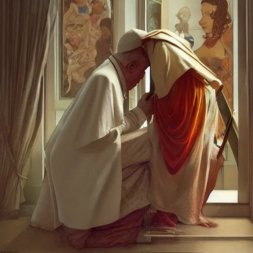 Image similar to photography of a pope making touching a sensual woman in a bedroom, deep focus, intricate, elegant, highly detailed, digital painting, artstation, concept art, matte, sharp focus, illustration, art by artgerm and greg rutkowski and alphonse mucha