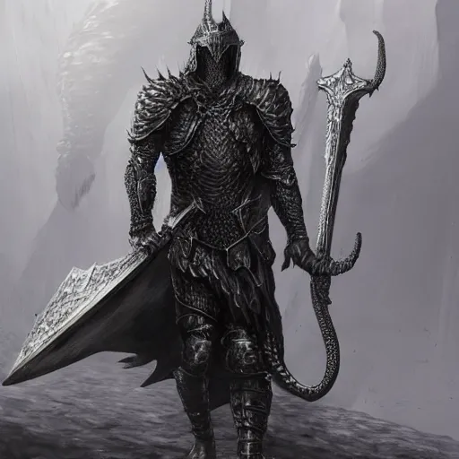 Image similar to detailed hypperrealistic artstation render of a scaly black cloaked man, wearing a metal knights helmet, carries a large knights greatsword in his hands, tentacles emerge from his back like wings