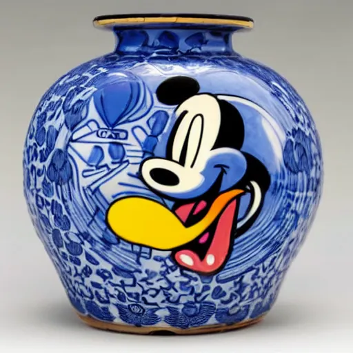 Image similar to a delft blue vase with a happy mickey mouse meth depicted on it ; extremely detailed