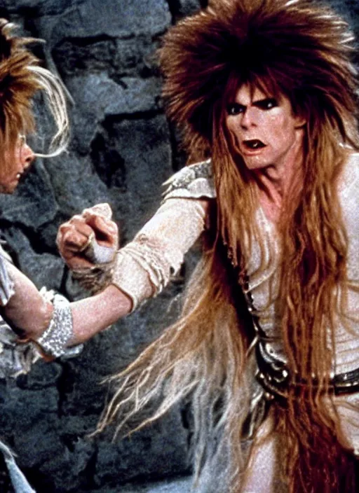 Prompt: a still from Labyrinth (1986) of Jareth intensely punching a goblin to death