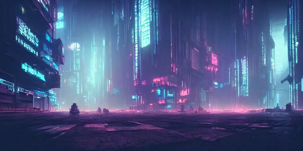 Prompt: wide angle view of a dystopian underground cyberpunk city, highly detailed, digital matte painting, concept art, misty, dramatic lighting, illuminated lines, outrun, vaporware, octane render, artstation, 8 k, by federico pelat and liam wong and florian pasquier