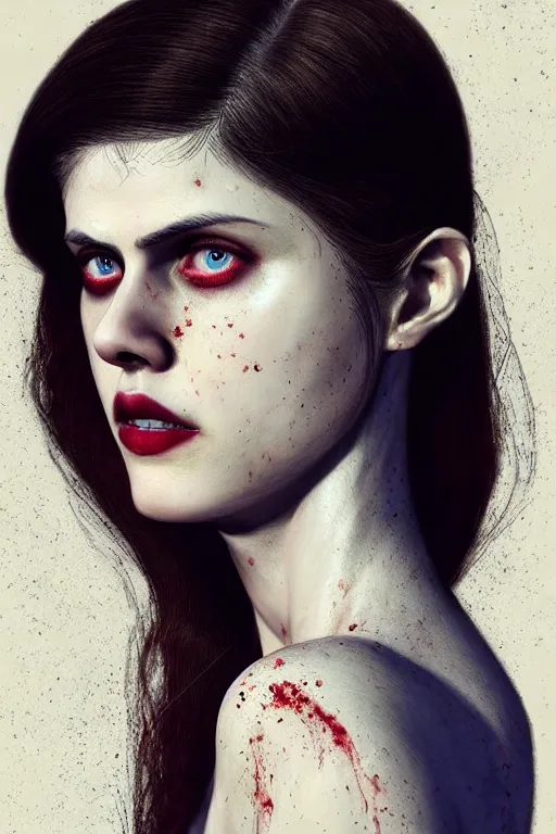 Prompt: pale woman!, covered with blood, alexandra daddario face!!, black dress made of black bones, long red hair, blue eyes, ultra realistic, concept art, intricate details, highly detailed, photorealistic, octane render, 8 k, unreal engine. retro film still, heavy grain, 3 5 mm, art by artgerm and greg rutkowski and alphonse mucha