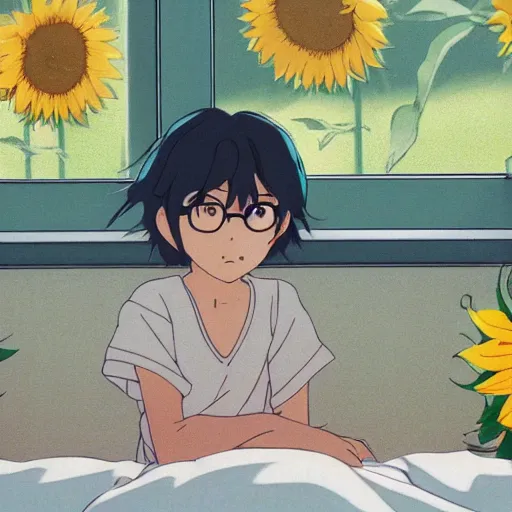 Prompt: a boy with long green hair lies in a hospital bed with a bunch of sunflowers by the window, by mamoru hosoda, hayao miyazaki, makoto shinkai