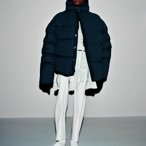 Image similar to realistic photoshooting for a new issey miyake lookbook, color film photography, portrait of a beautiful woman, model is wearing a puffer jacket, in style of tyler mitchell, 3 5 mm,