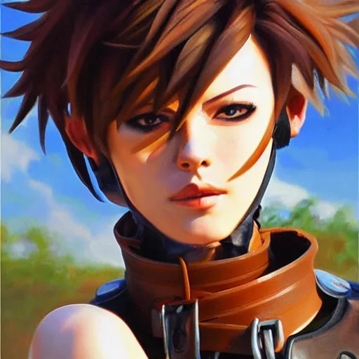 Image similar to oil painting of tracer overwatch in a field wearing large leather belt choker collar around neck, in style of mark arian, expressive face, detailed face, detailed eyes, full body, feminine face, tracer overwatch,