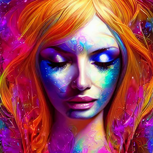 Prompt: a portrait of kim petras with her eyes closed, galaxy colored psychedelic chakra awakening kundalini ethereal vibes, transcending to a higher plane of existence, eternal blessing, multiverse, visionary art, by android jones, artstation, deviantart