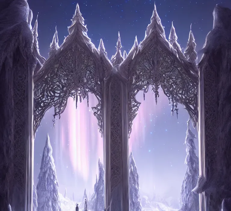 Prompt: a very detailed concept art of intricate and elven white gates to aurora borealis infused with magic, dynamic lighting trending on artstation, symmetry, digital art, 4 k, hyper realistic, octane render, sharp focus