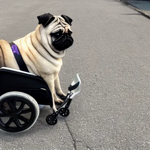 Image similar to a morbidly obese pug riding a turbo boosted wheelchair, high resolution photo