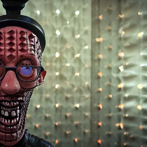 Prompt: blippi - pinhead - hellraiser, indoors, cinematic - lighting, photorealistic, high - detail, 4 k, octane render,