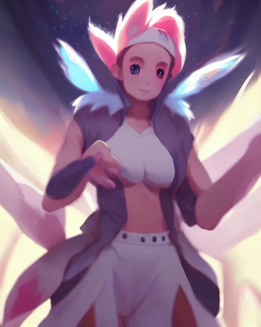 Image similar to photo of eevee pokecmon humanisation, by greg rutkowski, rossdraws, enoch bolles, glossy skin, pearlescent, anime, very coherent