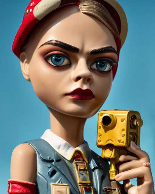 Prompt: closeup face profile portrait of cara delevingne as a tin toy fbi agent, bikini, depth of field, zeiss lens, detailed and intricate environment, fashion photoshoot by nicoletta ceccoli, mark ryden, lostfish, breathtaking, 8 k resolution, artistic, hyperrealistic, octane render