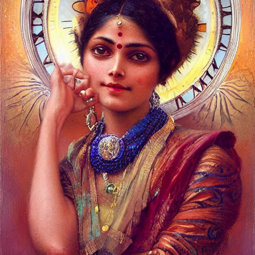 Image similar to detailed potrait of hindu traditional woman with high - tech steam punk clock in face, girl graceful,, painting by gaston bussiere, craig mullins, j. c. leyendecker, lights, art by ernst haeckel, john william godward, hammershøi,,