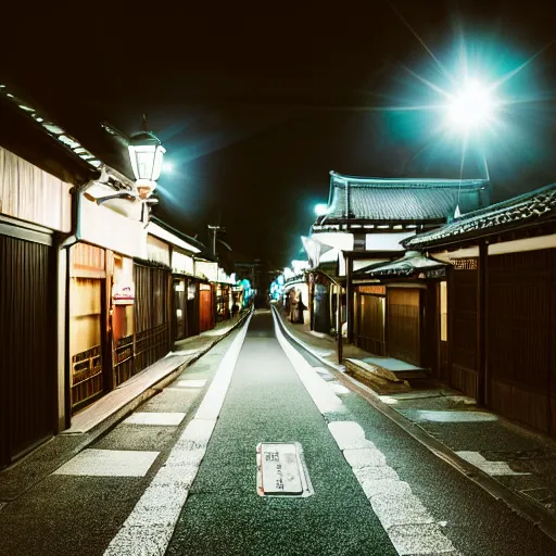 Image similar to photograph of kyoto street at night, bright street lamps, lens flare