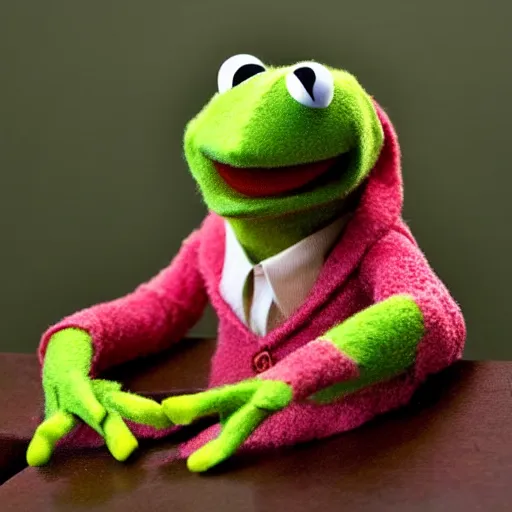 Image similar to photo of jim Henson's Kermit the frog looking a little disappointed to have been served divorce papers, professional photography, green frog felt Muppet puppet, high definition