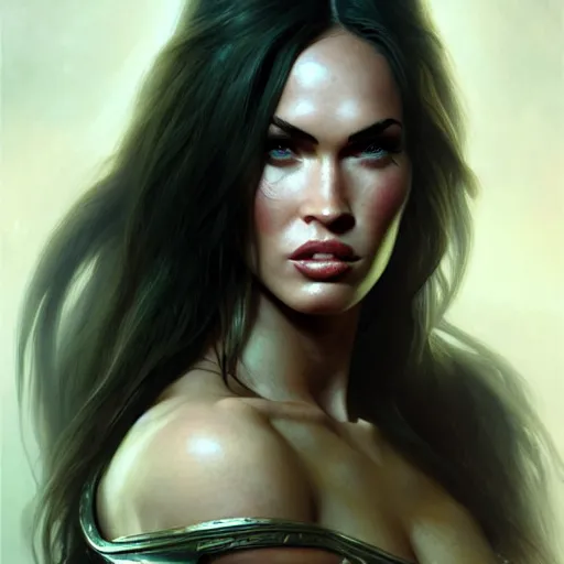 Image similar to portrait of megan fox, muscular upper body, fantasy, intricate, elegant, highly detailed, digital painting, artstation, concept art, matte, sharp focus, illustration, art by aenaluck and roberto ferri and greg rutkowski, epic fantasy, digital painting