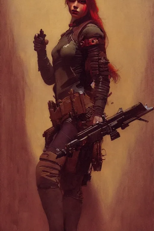 Image similar to portrait max mad cyberpunk, girl with a rifle character design, painting by gaston bussiere, katsuya terada, nc wyeth, greg rutkowski, craig mullins, vermeer, frank frazetta, tom of finland, trending on artstation, jeffery catherine jones