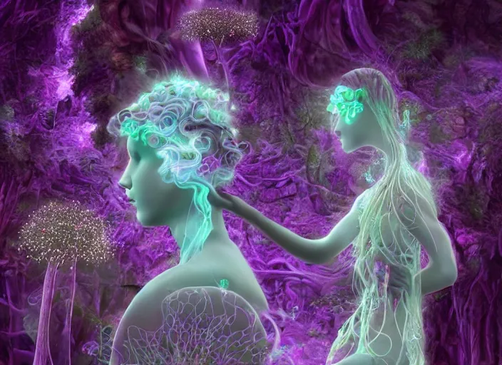 Image similar to glowing delicate flower and mushrooms that grow in a dark fatansy forest on the planet Pandora, an idealistic marble statue with fractal flowery hair in a fractal garden,