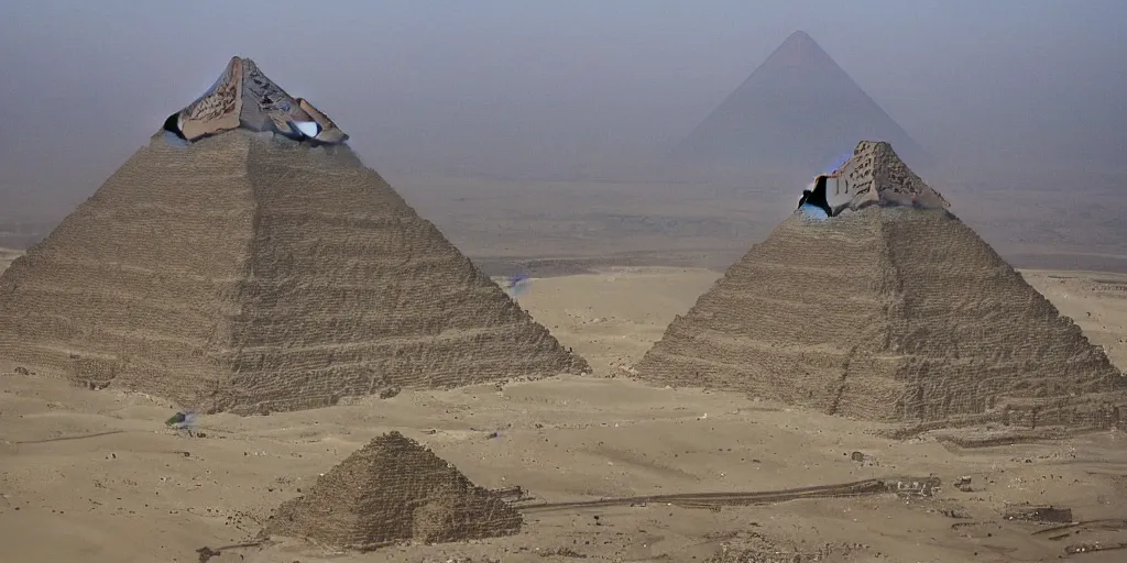 Image similar to A giant mountain in an areal shot of ancient egypt in front of the Pyramids