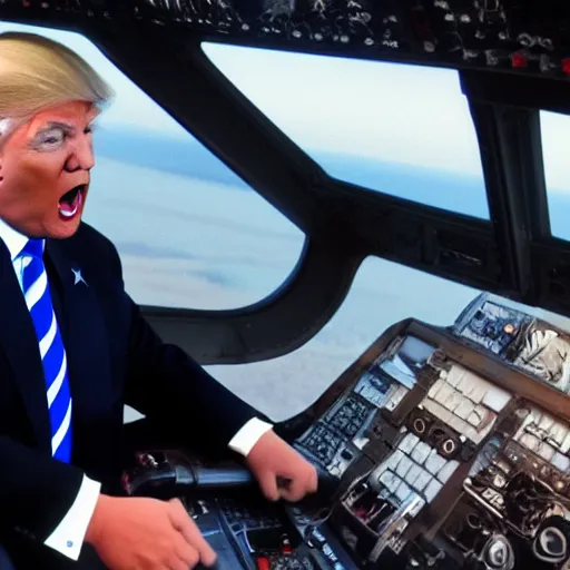 Prompt: Donald Trump in the pilot's seat in an aircraft, screaming, angry, with his hands on the controls, 4k, high quality photograph