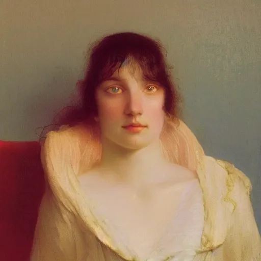 Image similar to a young woman's face, her hair is white and she wears an azure blue satin cloak, by ivan aivazovsky and syd mead and moebius and gaston bussiere and roger dean and pieter claesz and paul delaroche and alma tadema and aelbert cuyp and willem claesz, hyperrealistic, volumetric light, octane render