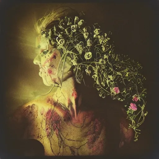 Image similar to a beautiful detailed front view portrait of a rotten woman corpse with fractal plants and fractal flowers growing around, volumetric light, beautiful lit, polaroid photography