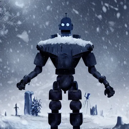 Image similar to the iron giant standing stoically in the snow after a battle with the U.S.millitary, full body image, highly detailed, deep aesthetic, 4k, highly ornate intricate details, rich colors, digital artwork, symmetrical, ray tracing,