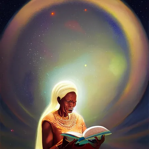 Image similar to an elder african psychic woman reading her crystal ball while holding a book of spells under a meteor shower, greg rutkowski and android jones and amanda sage, oil on canvas, 8k