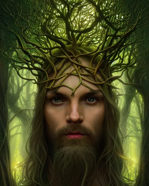 Image similar to symmetry portrait of moss king of ent of fangorn forest, glam, fae, fireflies, forest background, intricate, elegant, highly detailed, digital painting, artstation, concept art, smooth, sharp focus, illustration, art by artgerm and greg rutkowski and fra angelico and alphons mucha