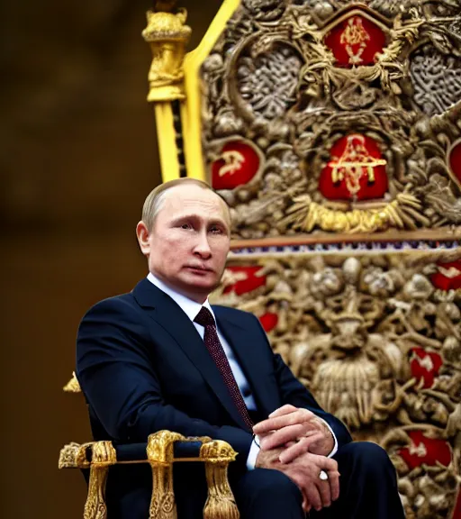 Image similar to A photo of vladimir putin the barbarian sitting on his throne, award winning photography, sigma 85mm Lens F/1.4, perfect faces