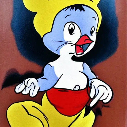 Image similar to scared baby chicken in the style of tom and jerry