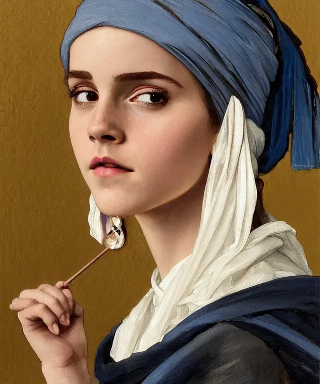 Image similar to Emma Watson as the girl with the pearl earring, highly detailed, digital painting, artstation, concept art, smooth, sharp focus, illustration, ArtStation, art by artgerm and greg rutkowski and alphonse mucha and J. C. Leyendecker and Edmund Blair Leighton and Katsuhiro Otomo and Geof Darrow and Phil hale and Ashley wood and Ilya repin and Charlie Bowater