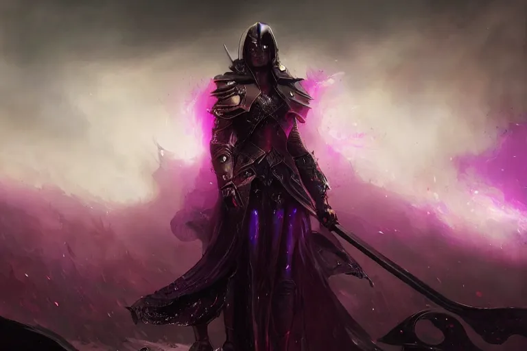 Prompt: masterpiece digital painting of a woman evil knight, full heavy black obsidian armor, chaotic ruby inlays, cape, by kev walker and greg rutkowski, atmospheric fog effects background, purple sparkles, artstation, deviantart, full body view, cinematic lights