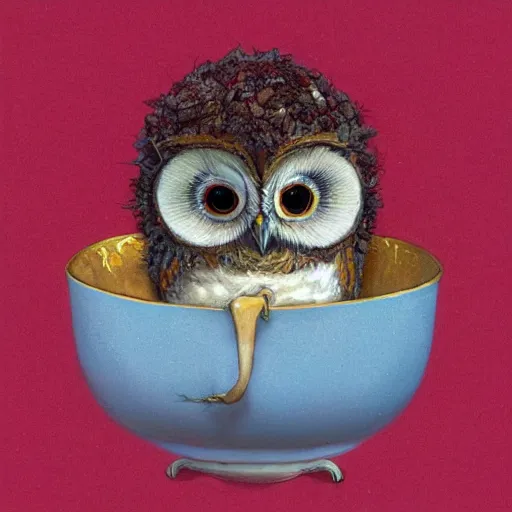 Prompt: long shot of a very cute owl chick nesting in a very romantique cup, by esao andrews, by james jean, marc simonetti, by victo ngai, humorous illustration, hyperrealistic, big depth of field, warm colors, night scenery, dim light, 3 d octane render conceptart, 4 k, hyperdetailed, trending on artstation