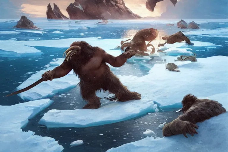 Image similar to a walrus fighting a caveman among on sea ice, stark lighting, water color, art by artgerm and greg rutkowski and alphonse mucha and jin xiaodi and anthony devine