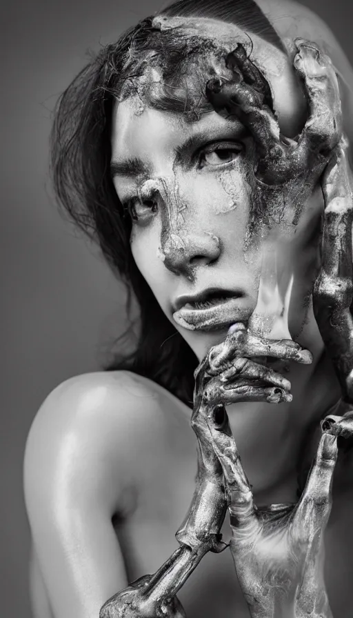 Image similar to FujiFilm X-T3 + XF50-140mm f/1.4 photograph of Arca (Alejandra Ghersi) emerging from fog, Arca mechanical limbs, Arca opal flesh, Arca face portrait, translucent skin, mechanical dilation