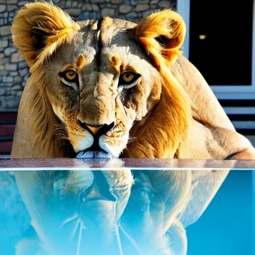 Image similar to a very detailed photo of a lion ( smoking a cigar ) outside the mansion by the pool