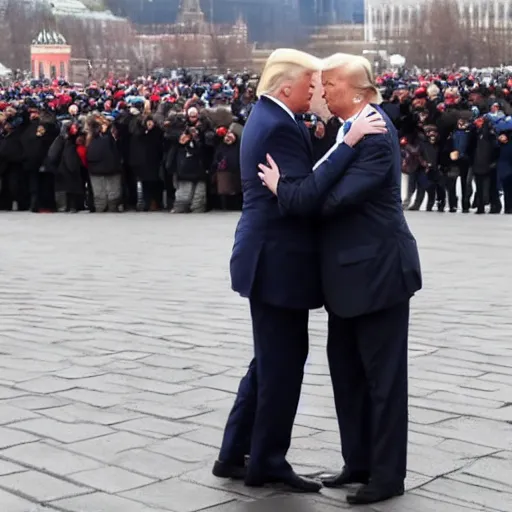 Prompt: Trump hugging Putin in center of Moscow