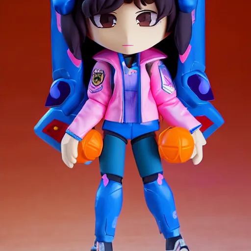 Prompt: magic mushroom, d. va from overwatch wearing orange puffy bomber jacket, nendroid, craig mullins style