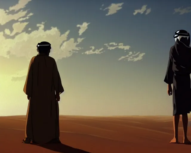 Image similar to an arab man in the desert with a storm, makoto shinkai, loish, studio ghibli