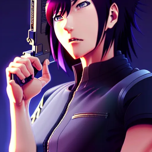 Image similar to motoko kusanagi with a gun in her hand, a character portrait by ilya kuvshinov, rossdraws, artgerm, sola digital arts, anti aliasing, trending on pixiv, sots art, official art, pixiv, anime raytracing