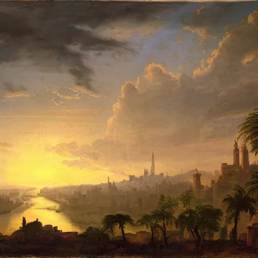 Image similar to vista of a city at sunset, the city is a sprawling renaissance city that is built on the rolling hills of a wide bay amidst cyclopean mausoleums with the rainforest at its edges, rpg, hubert robert, cityscape, vista, dying earth, reclaimed ruins