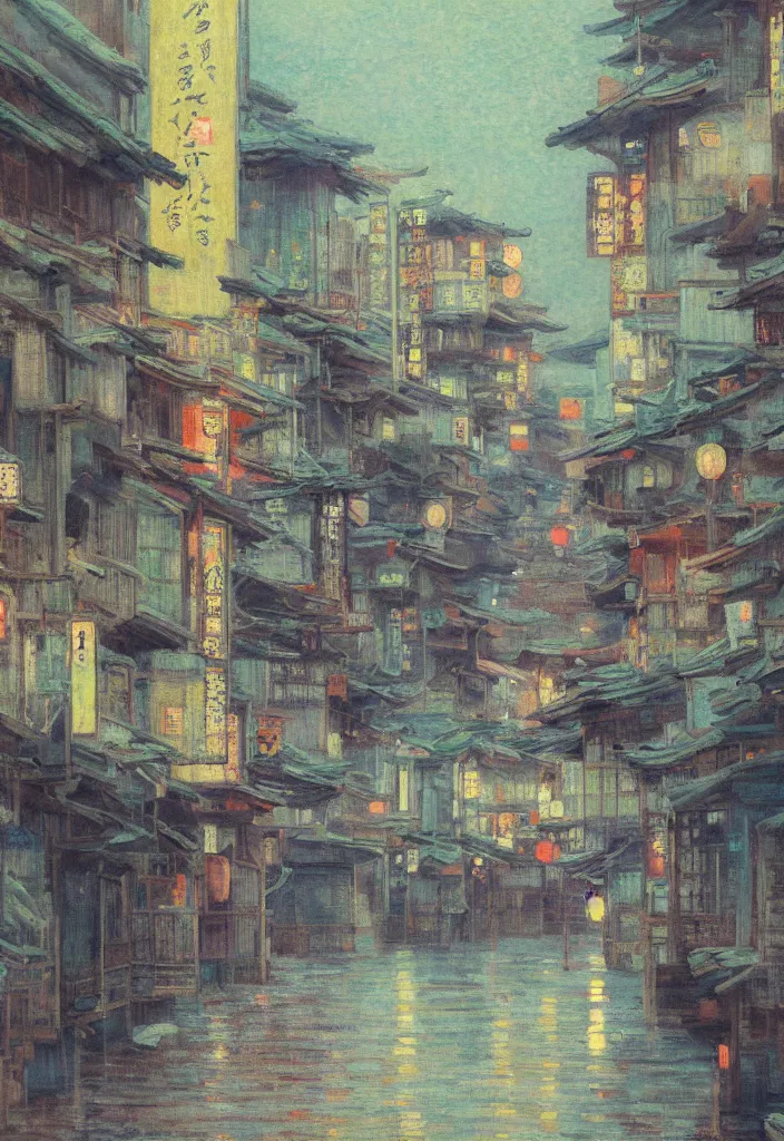 Prompt: a beautiful japanese city near the sea, ryokans and edo era houses, cyberpunk, lofi vibe, colorful, oil painting in impressionist style, by jeremy lipkin, by claude monet, by makoto shinkai, multiple brush strokes, inspired by ghibli, masterpiece, beautiful