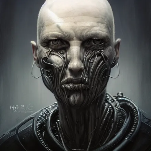 Prompt: surreal portrait of a man by Greg Rutkowski and H.R Giger, cyborg of indeterminate age, symmetrical, bald, haunting appearance, pale as marble, biomechanical and intricate, empty and uncany expression, cosmic void background, frightening, fascinating, highly detailed portrait, digital painting, artstation, concept art, smooth, sharp foccus ilustration, Artstation HQ.