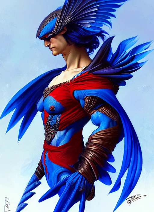 Image similar to portrait of aggressive pigeon humanoid, d & d, muscular! blue and red, fantasy, intricate, elegant, highly detailed, digital painting, artstation, concept art, smooth, sharp focus, illustration, art by artgerm and greg rutkowski and alphonse mucha